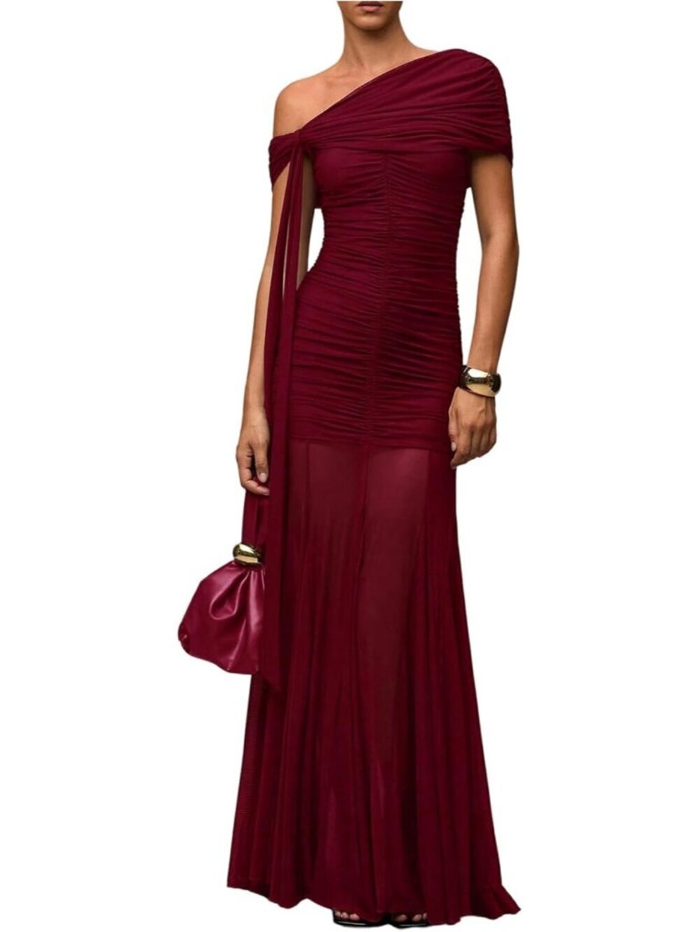Women's Solid Burgundy Statement Off Shoulder Ruched Mesh Formal Corset Dress